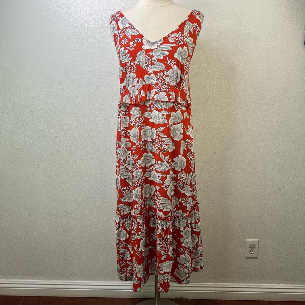 NWT Suzanne Betro Red White Floral Ruffle Trim Midi Sleeveless Dress Size L